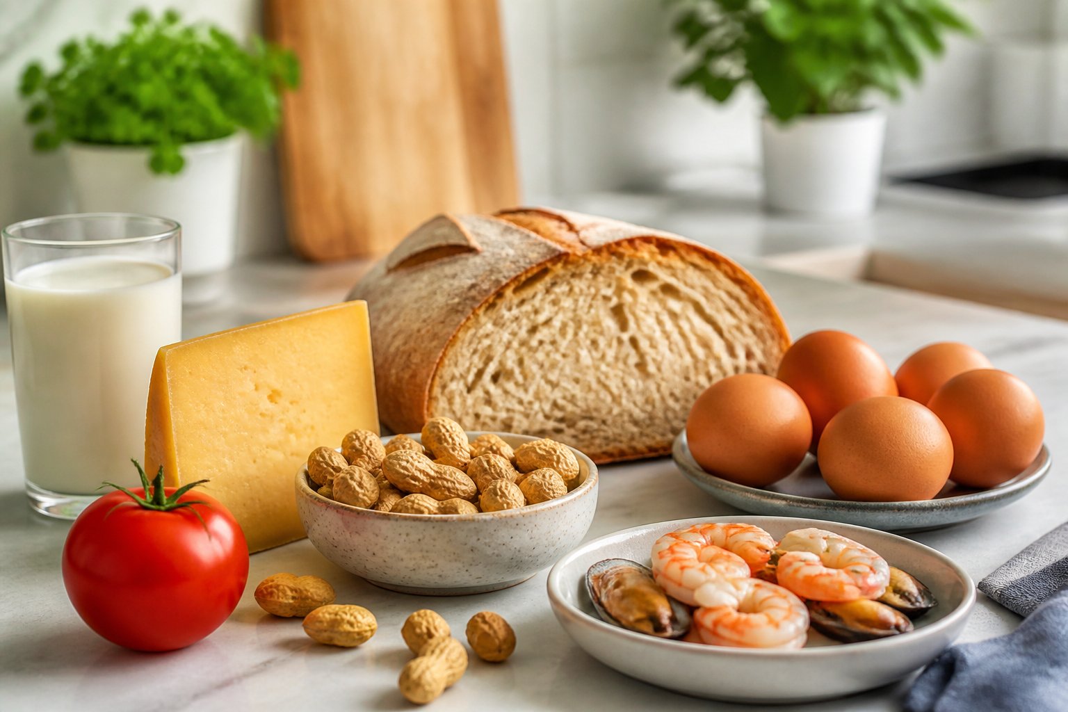 A kitchen countertop displaying milk, cheese, bread, peanuts, eggs, shrimp, and a tomato arranged together.