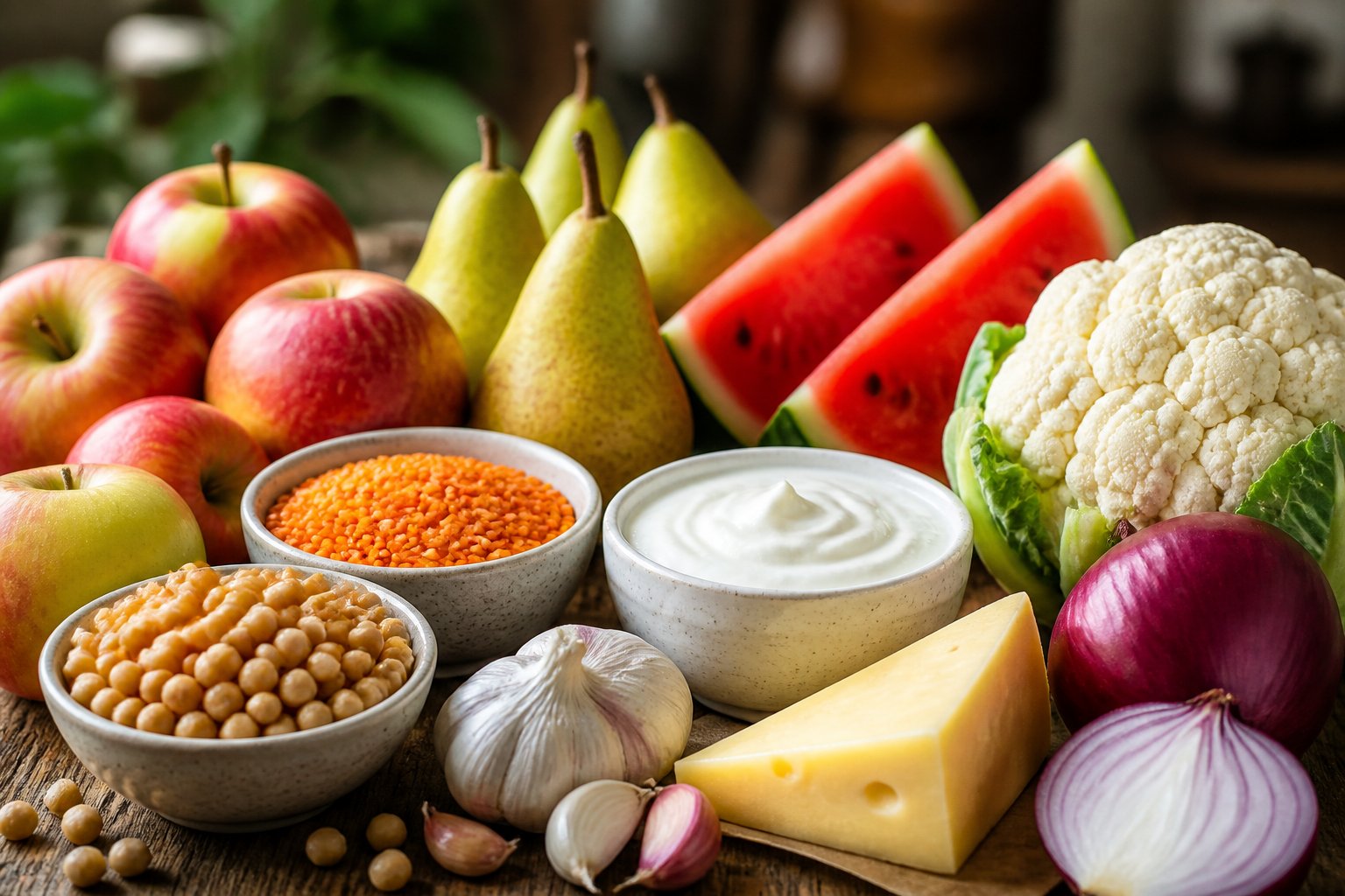 A variety of FODMAP-rich foods including fruits, vegetables, legumes, and dairy arranged on a wooden table.