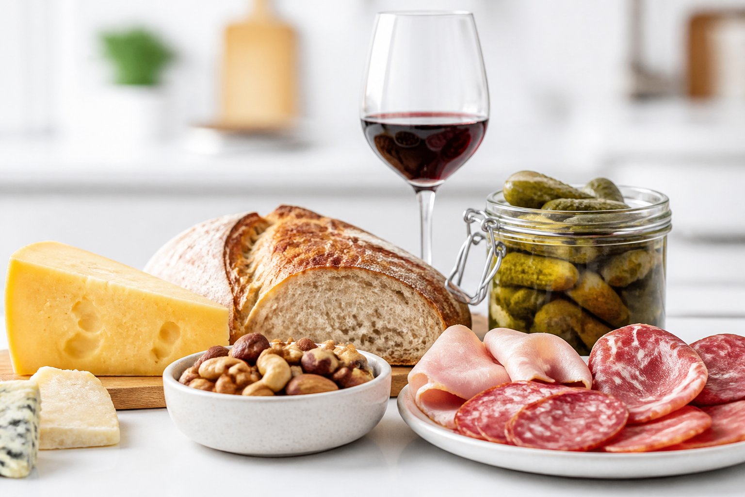 A selection of common foods linked to intolerance symptoms including cheese, bread, nuts, wine, pickles, and processed meats arranged on a white surface.