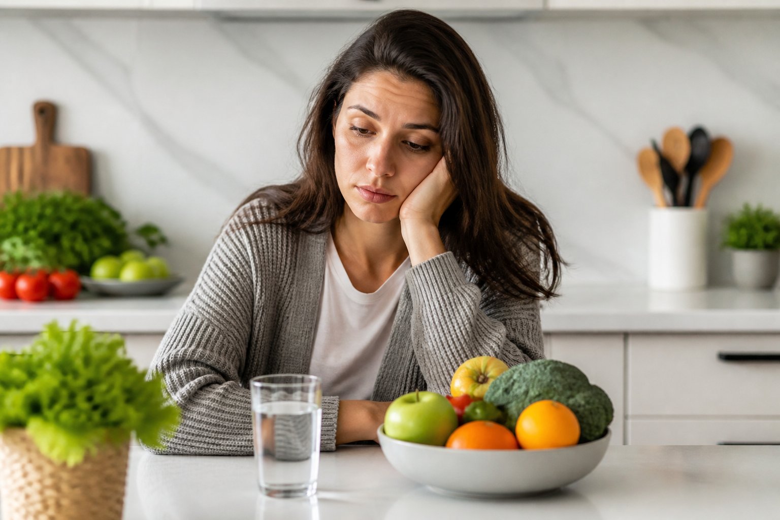 A young woman sitting at a kitchen table looking tired and thoughtful with a glass of water and fresh fruits and vegetables in front of her.