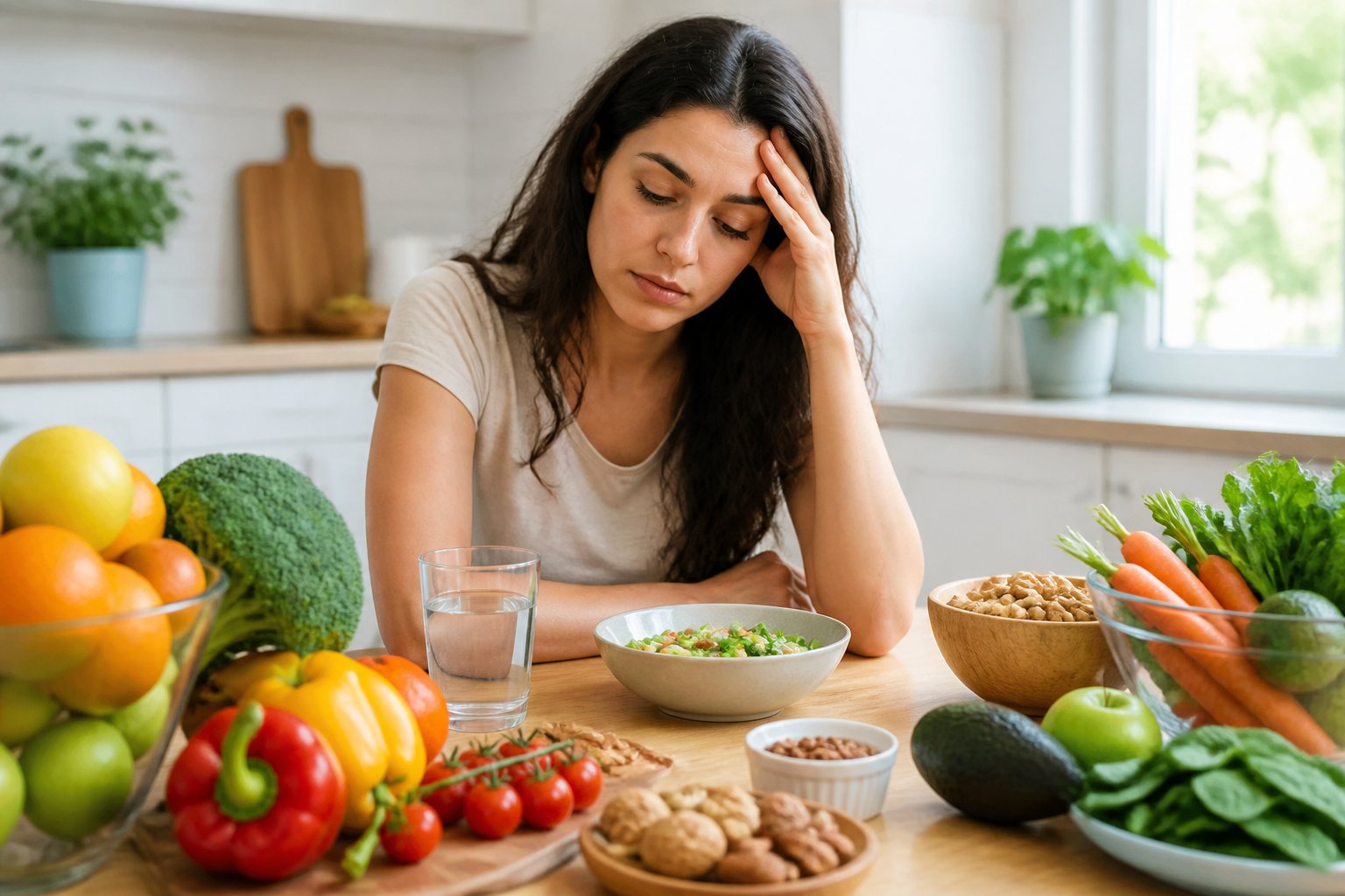 A young woman sitting at a kitchen table with healthy foods, looking tired and touching her forehead.