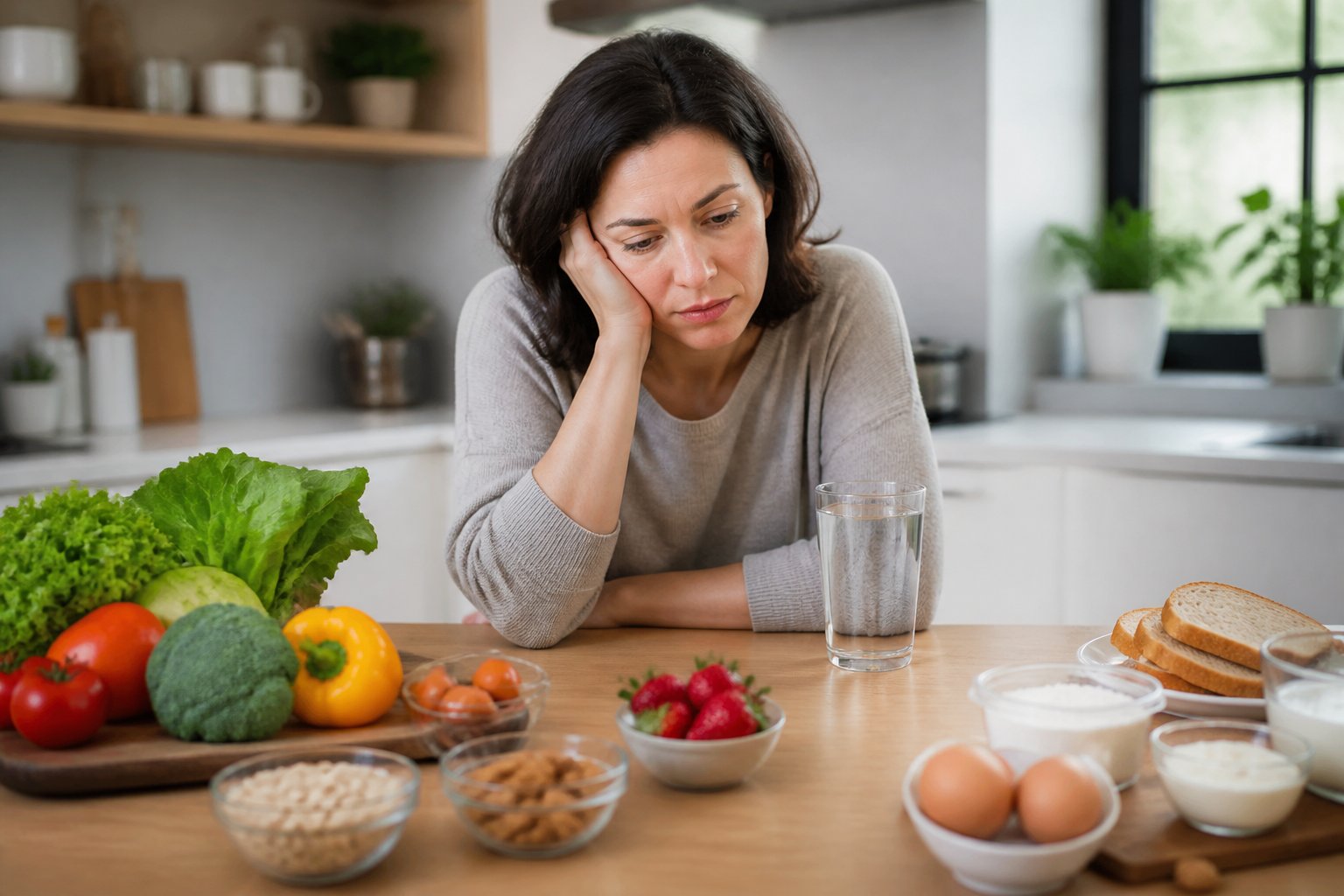 A woman sitting at a kitchen table with healthy foods, looking thoughtful and tired.