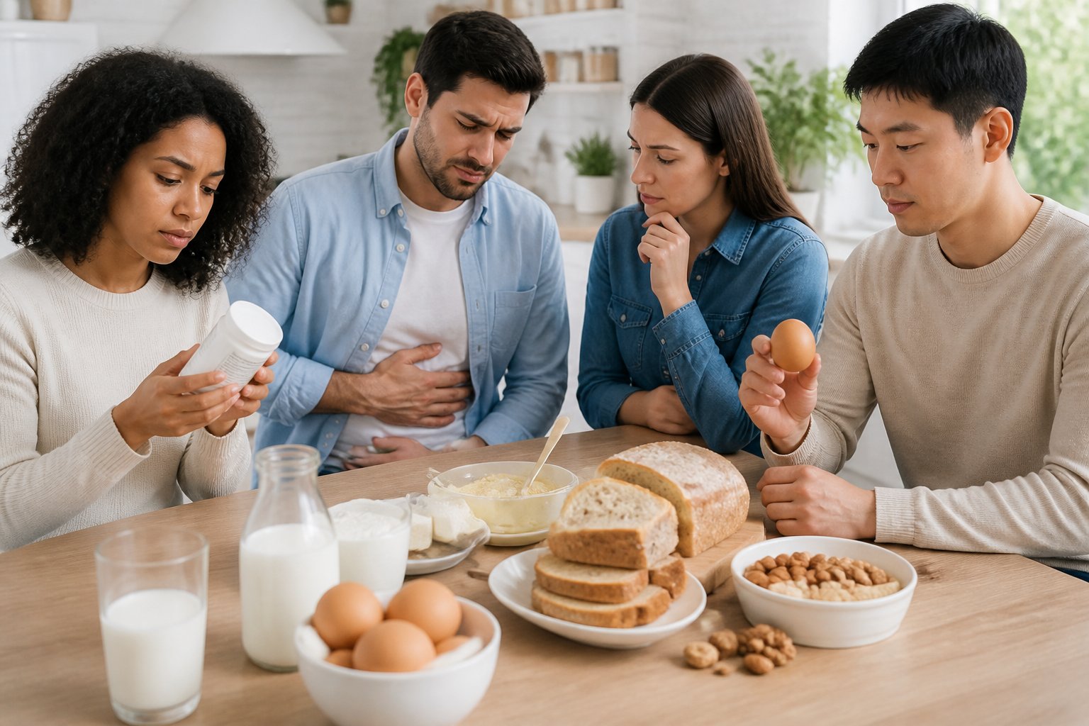 A group of adults at a dining table with common foods, one person holding their stomach looking uncomfortable, another reading food labels in a bright kitchen.