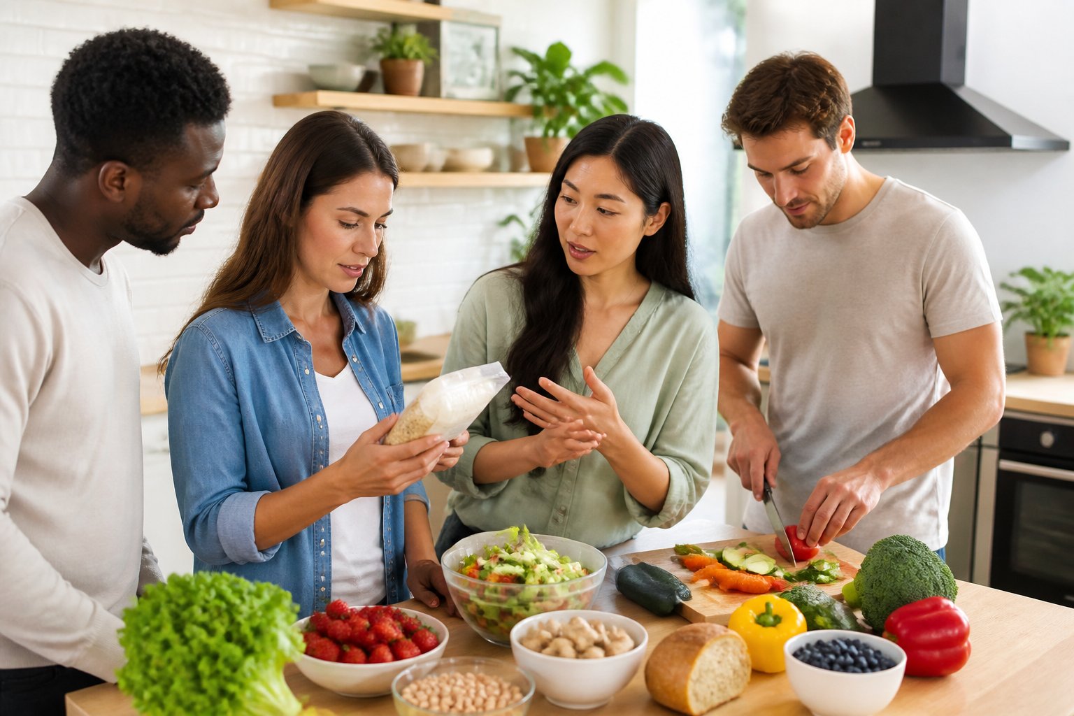 People preparing food together in a bright kitchen with fresh ingredients on the counter.