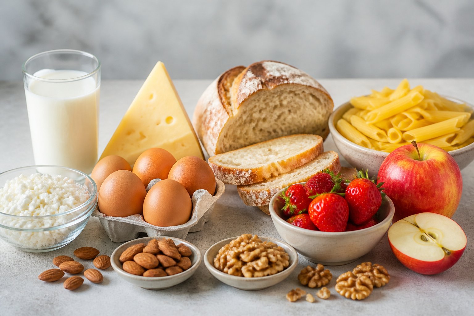 A selection of common foods that can cause intolerances, including milk, cheese, bread, pasta, eggs, nuts, and fruits, arranged on a light surface.