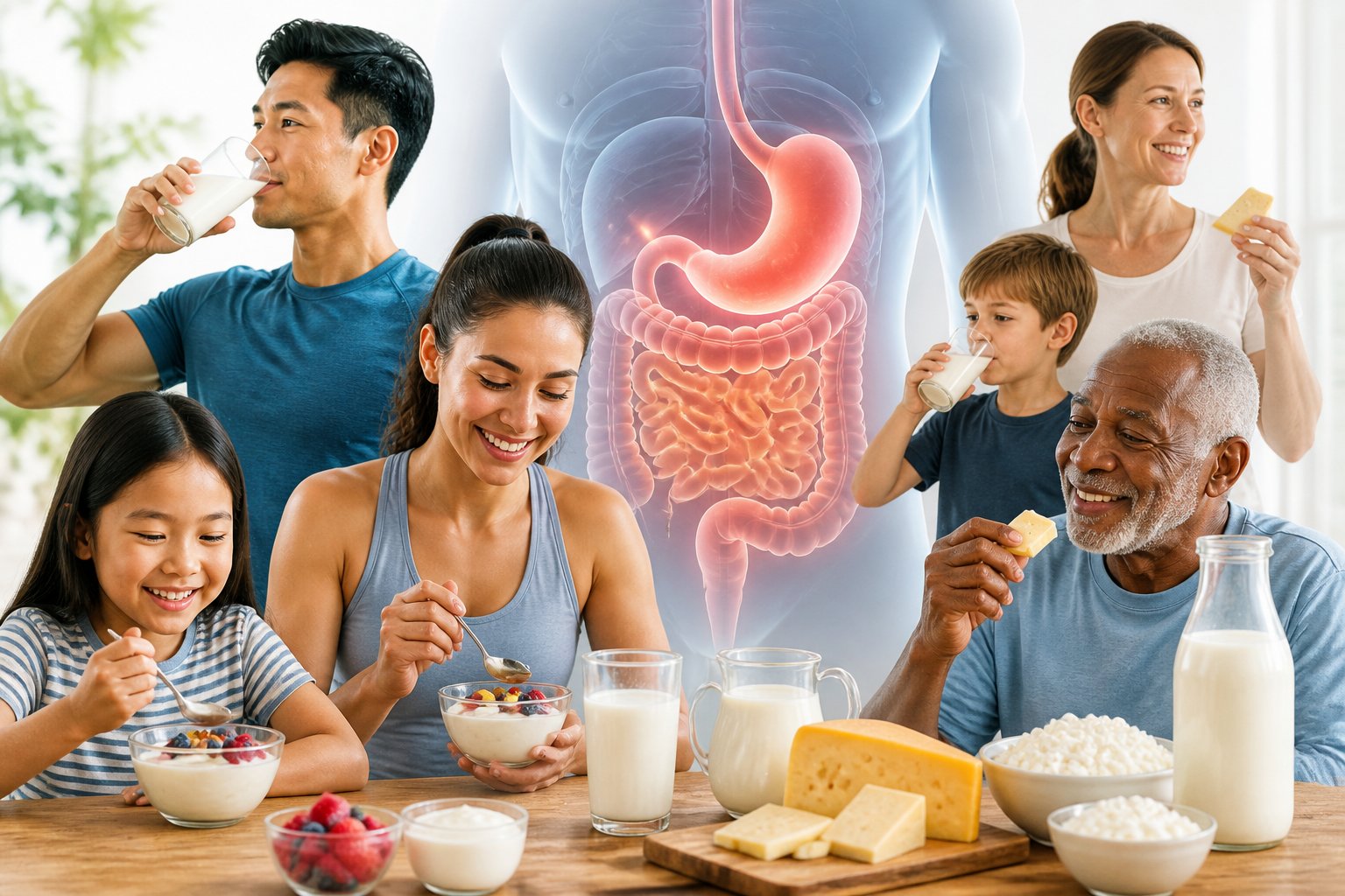 People eating dairy products with a faint illustration of the human digestive system in the background.