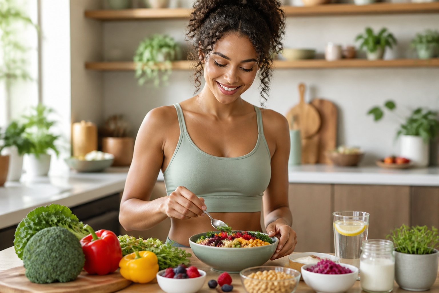 A smiling woman prepares a colorful, nutritious meal in a bright kitchen surrounded by fresh produce.