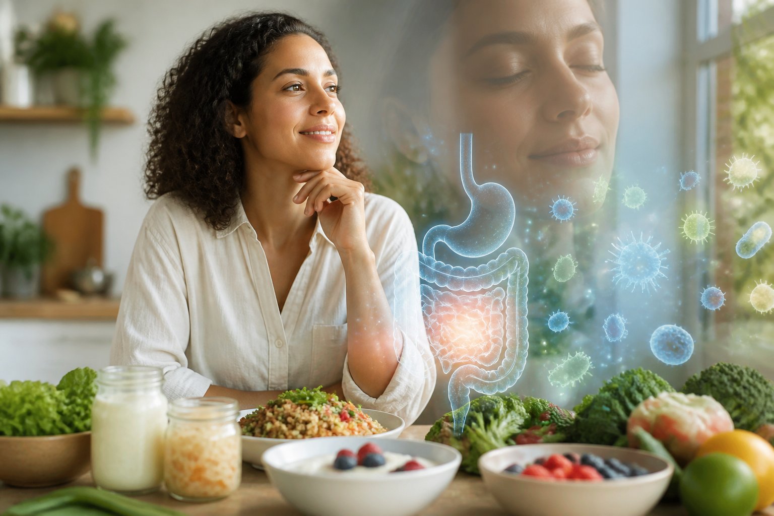 A relaxed person sits at a kitchen table with colorful healthy foods and a subtle glowing digestive system illustration.