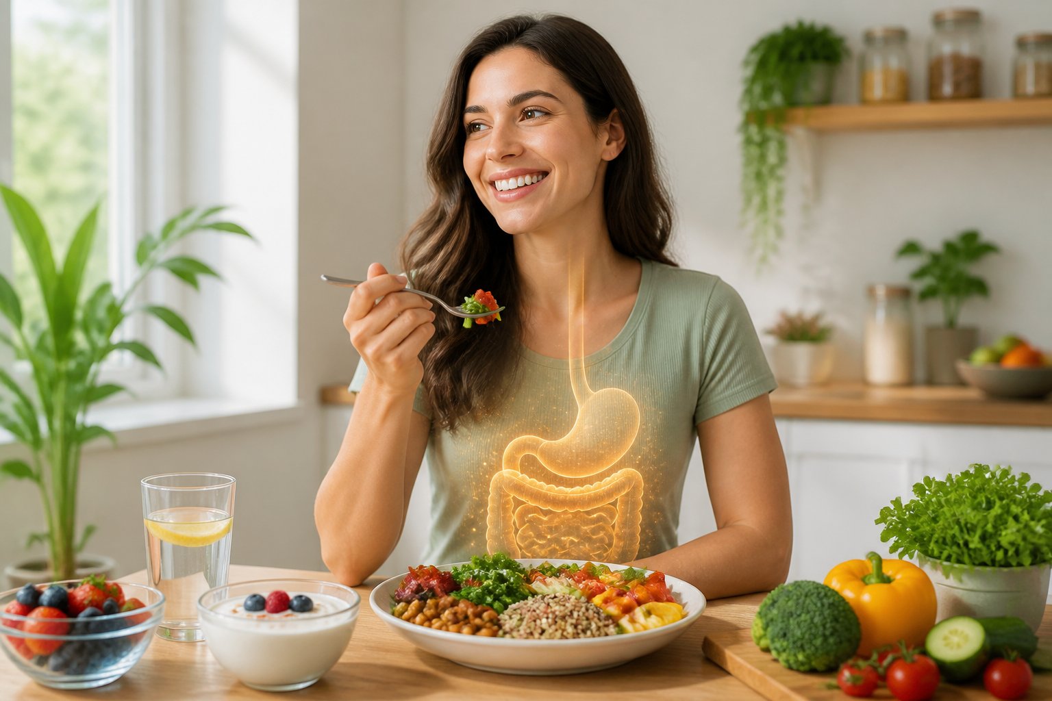 A person enjoys a colorful balanced meal while a subtle digestive health visualization highlights the connection between nutrition and wellbeing.