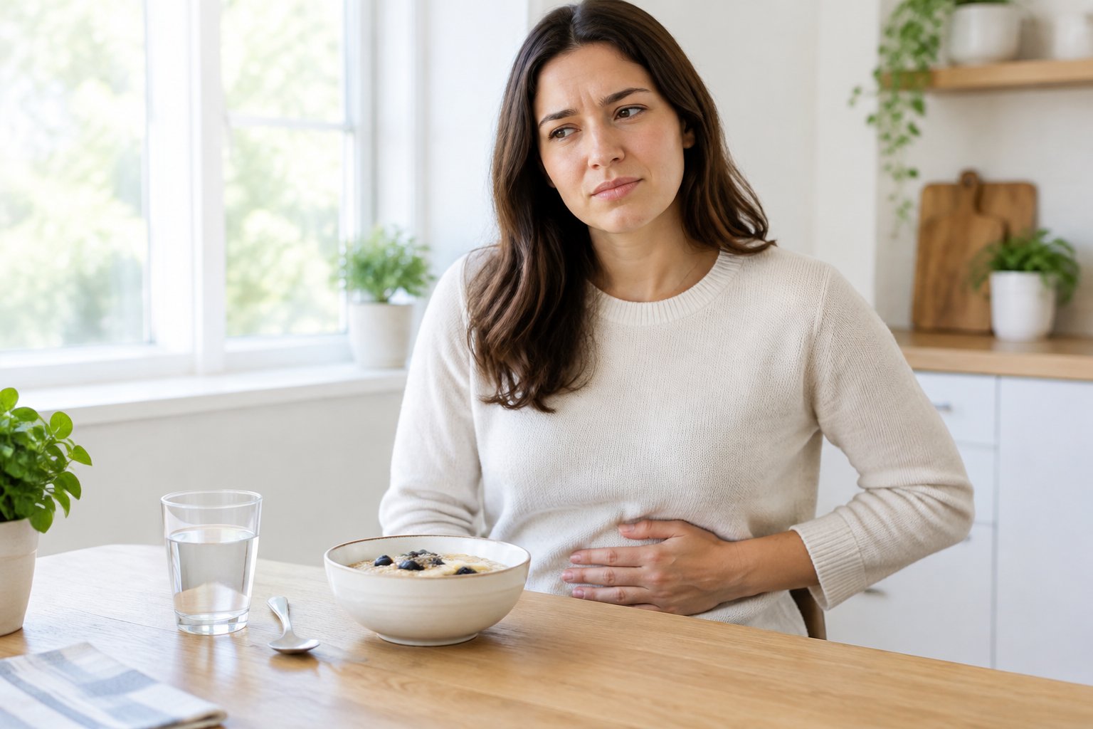 An adult sits at a kitchen table beside a bowl of oatmeal, holding their abdomen with mild discomfort.