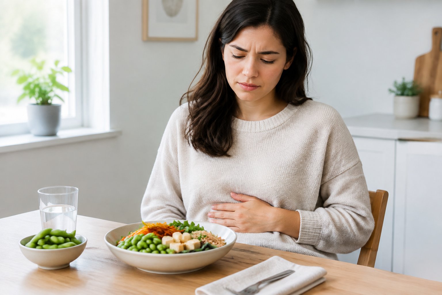 An adult sits at a kitchen table with a hand resting on their abdomen beside a meal containing tofu and edamame.