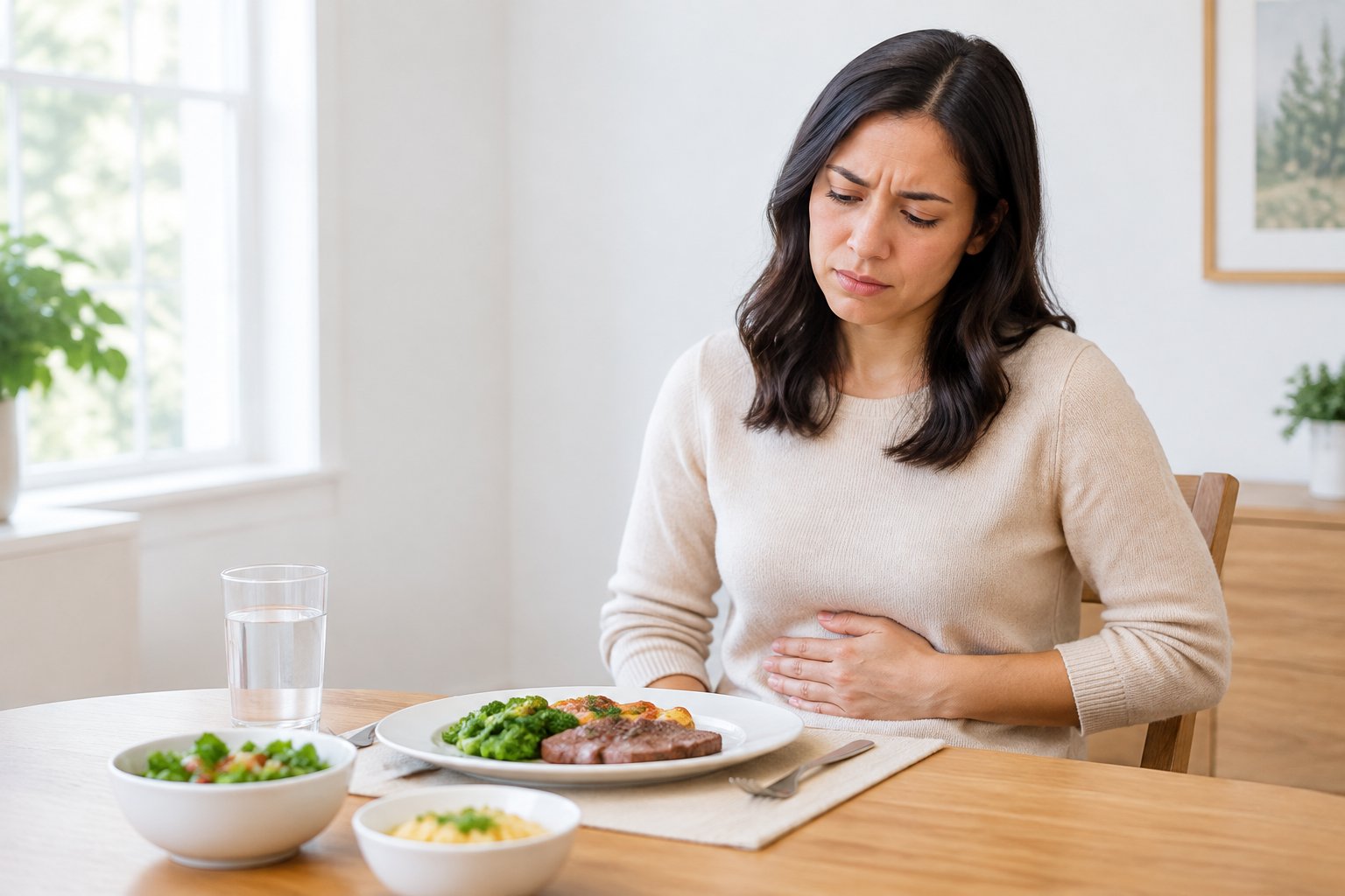 An adult holds their abdomen while seated at a table with a meal that includes beef.
