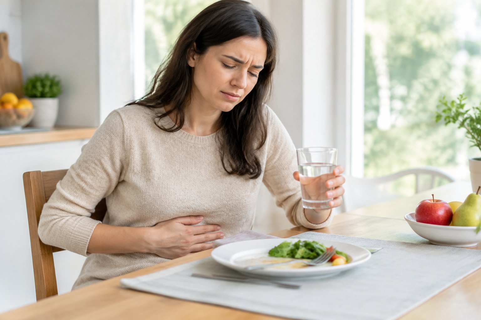 An adult sits at a kitchen table holding their abdomen, with fruit on a plate nearby.